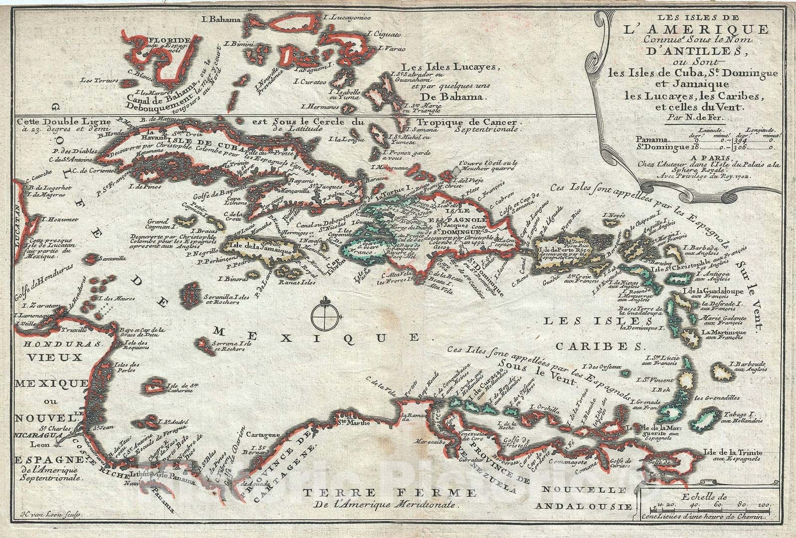 Historic Map : West Indies and The Caribbean, De Fer, 1702, Vintage Wall Art