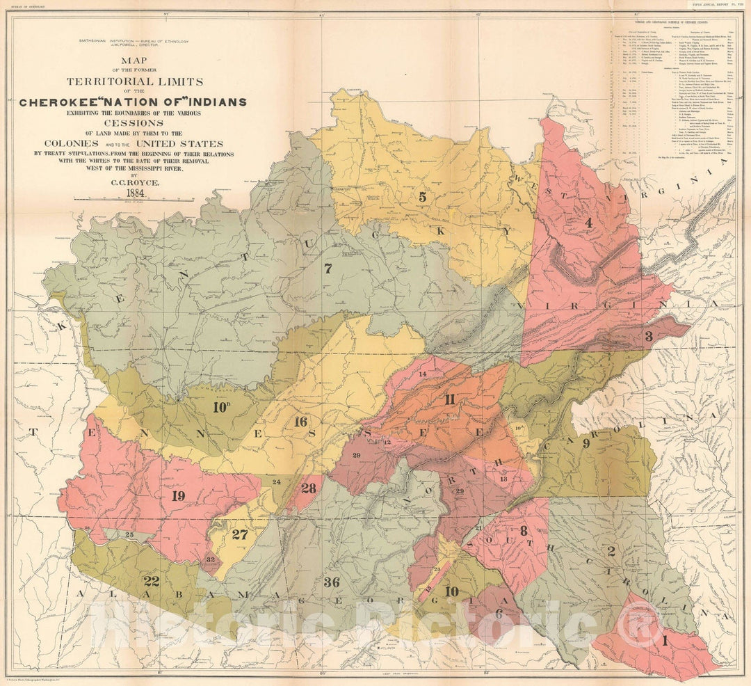 Historic Map : Former Cherokee Land in The Middle United States, Royce, 1884, Vintage Wall Art