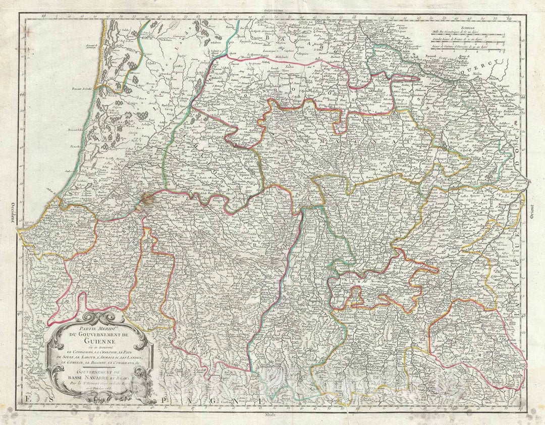 Historic Map : The Southern Guyenne Region of France, Vaugondy, 1753, Vintage Wall Art