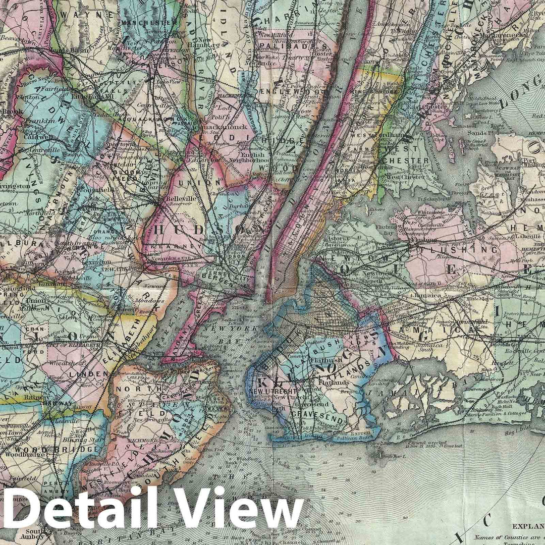 Historic Map : New York City and Vicinity "33 Miles Around", Colton, 1878, Vintage Wall Art