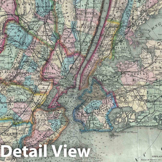 Historic Map : New York City and Vicinity "33 Miles Around", Colton, 1878, Vintage Wall Art