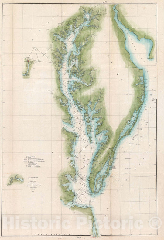 Historic Map : Triangulation Nautical Chart Chesapeake Bay and Delaware Bay, U.S. Coast Survey, 1852, Vintage Wall Art