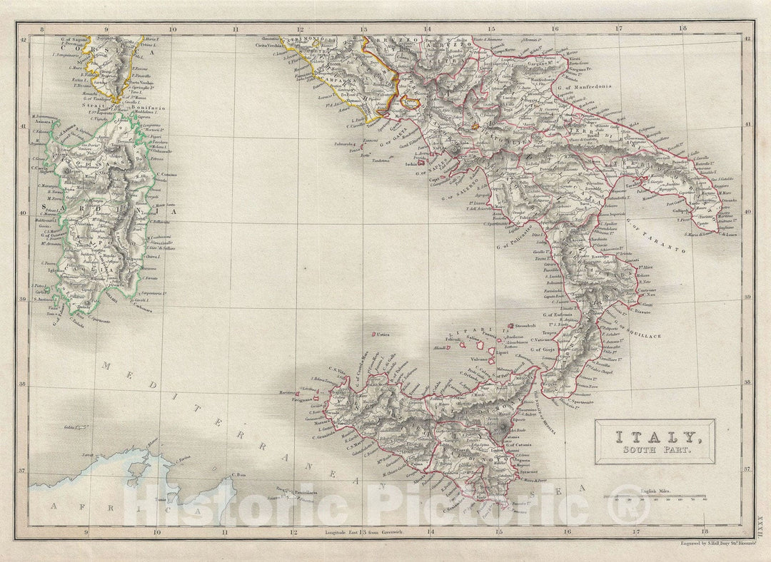 Historic Map : South Italy: Naples and Sicily, Black, 1840, Vintage Wall Art