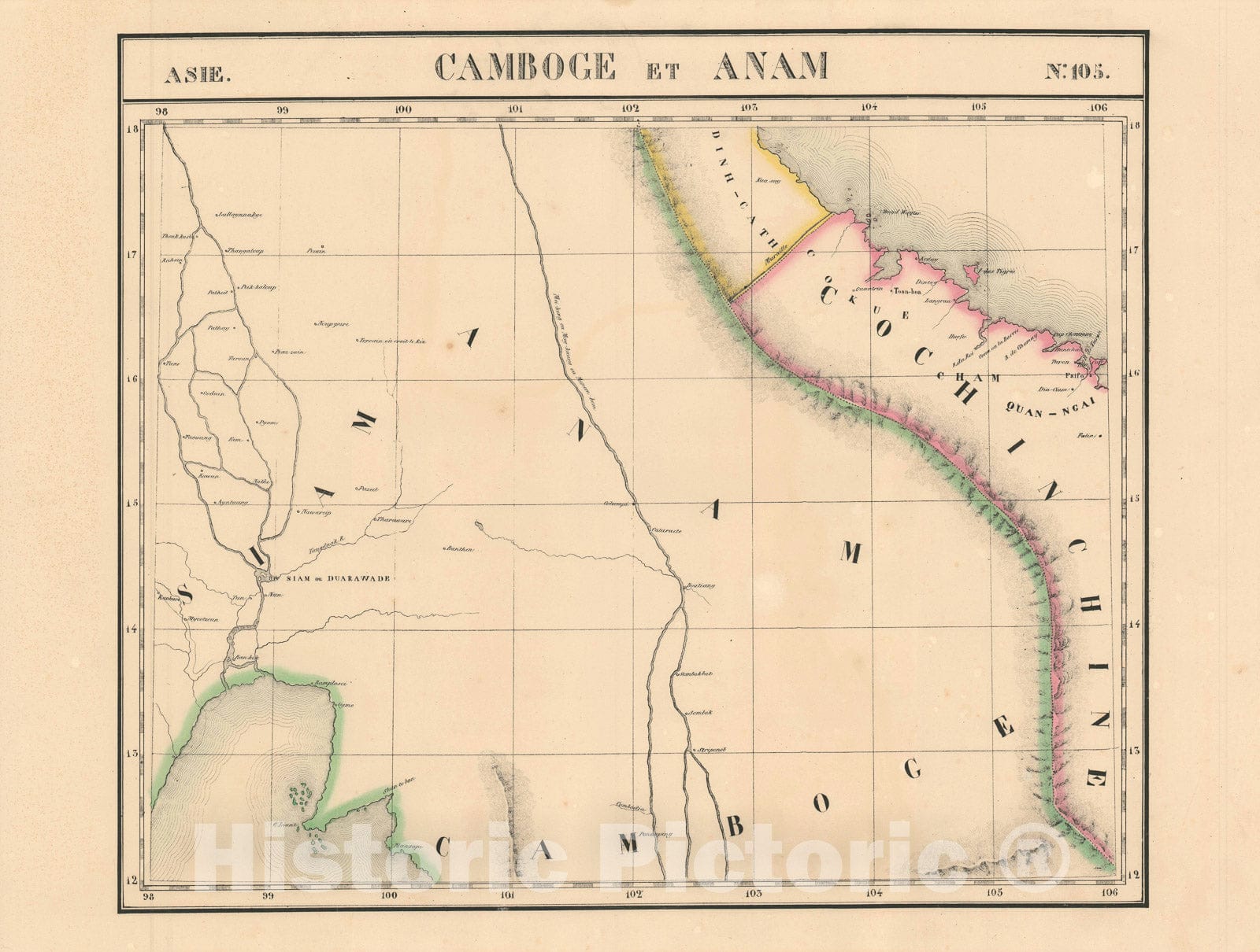 Historic Map : Thailand, Vietnam and Cambodia, Vandermaelen, 1827, Vintage Wall Art