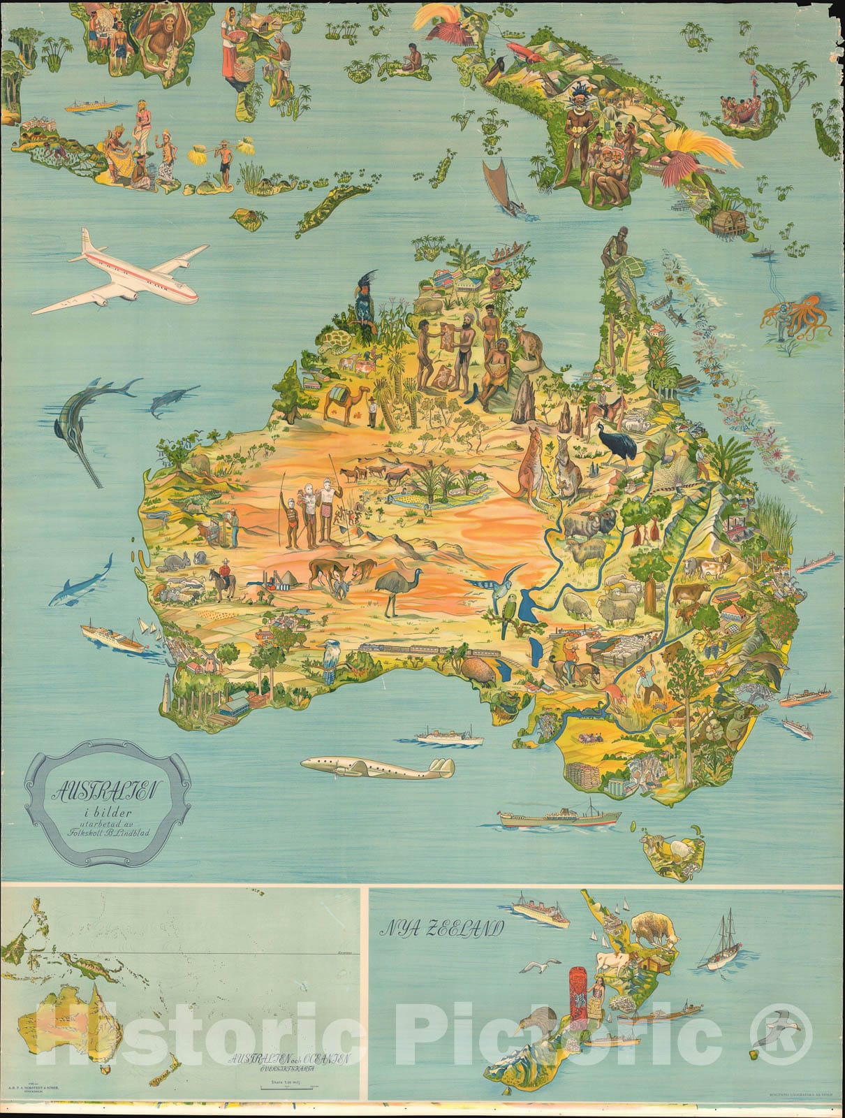 Historic Map : Lindblad Pictorial Map of Australia, New Zealand, and Indonesia, 1947, Vintage Wall Art