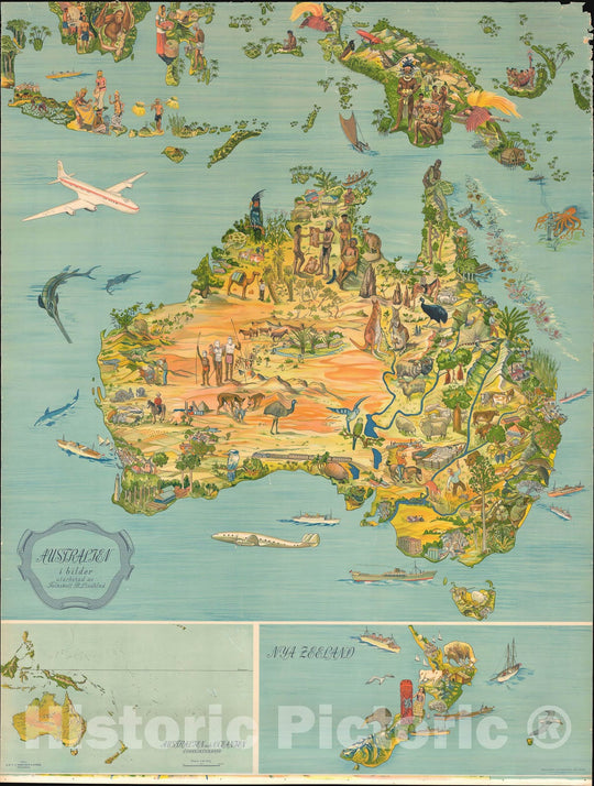 Historic Map : Lindblad Pictorial Map of Australia, New Zealand, and Indonesia, 1947, Vintage Wall Art