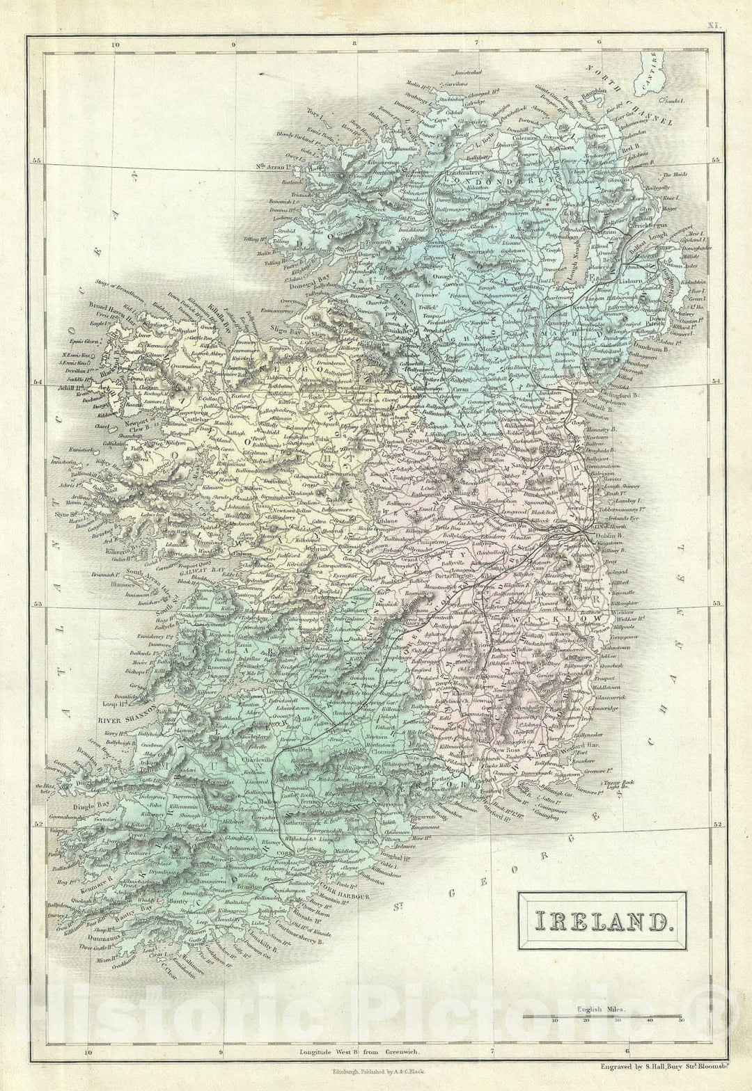 Historic Map : Ireland in Provinces, Black, 1851, Vintage Wall Art