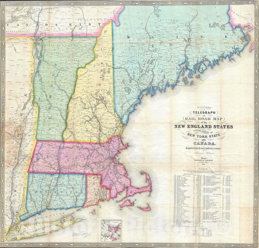 Historic Map : New England: Telegraph and Railroad, Williams and Redding, 1852, Vintage Wall Art