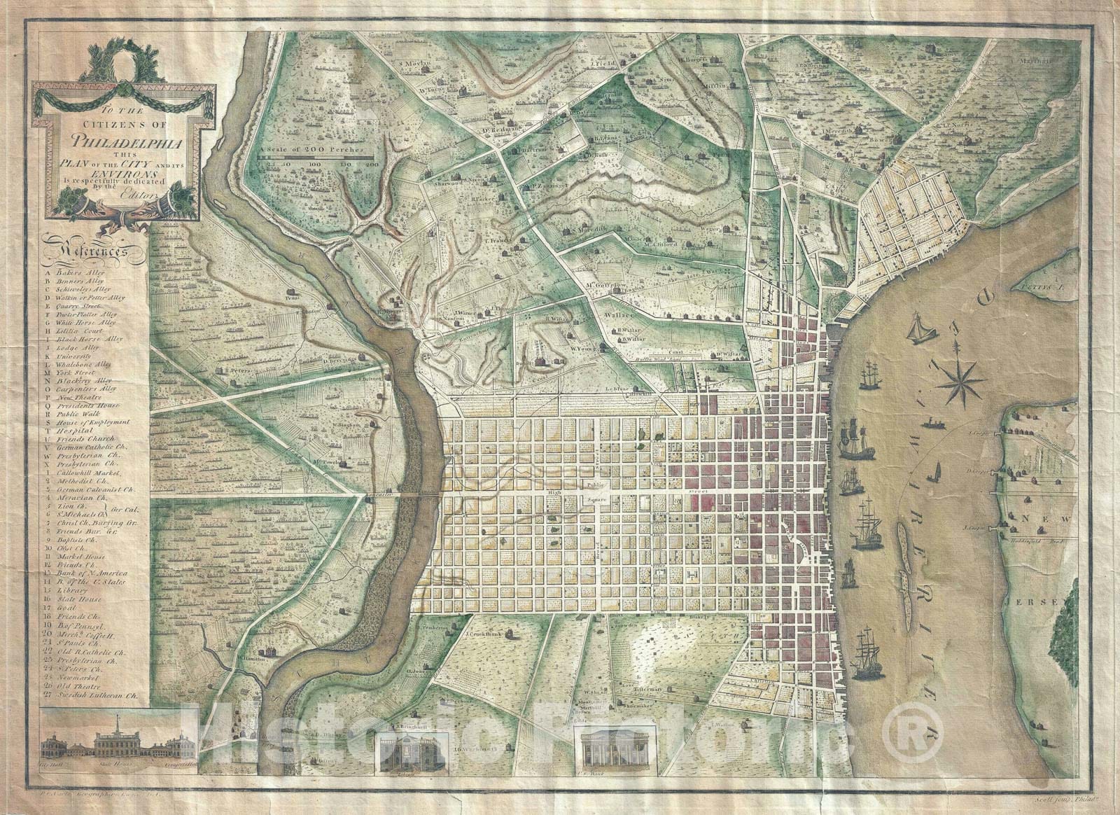 Historic Map : Plan of Philadelphia, Varlé, 1796, Vintage Wall Art