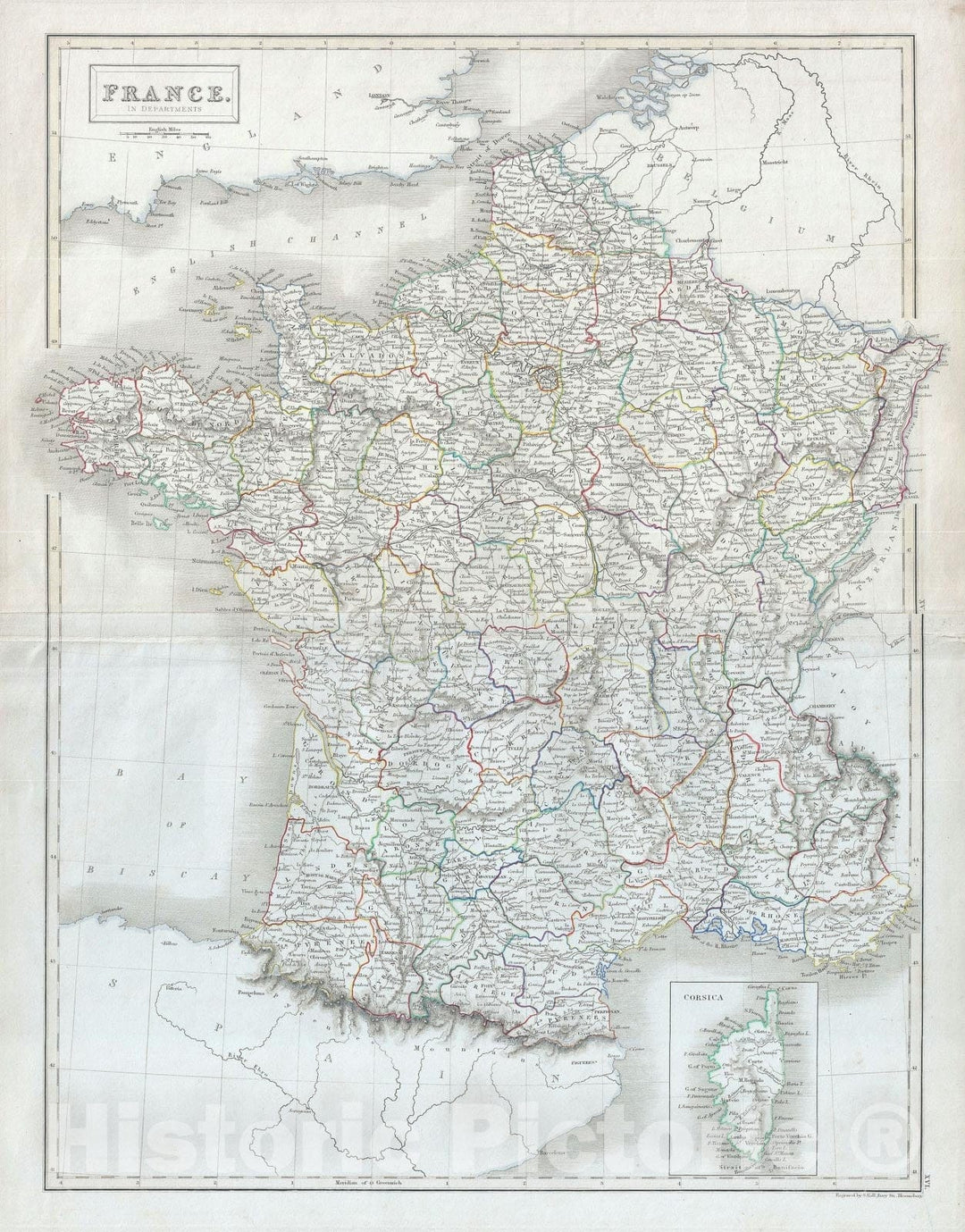 Historic Map : France in Departments, Black, 1840, Vintage Wall Art