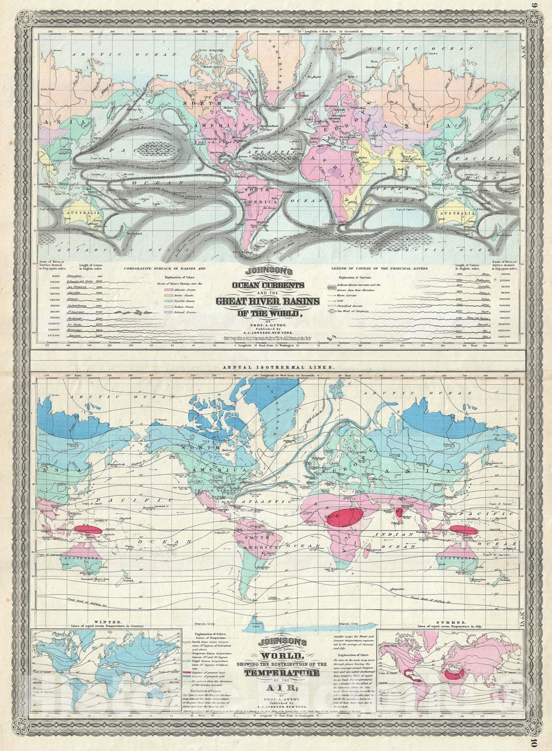 Historic Map : The World showing Temperature and Ocean Currents, Johnson, 1870, Vintage Wall Art