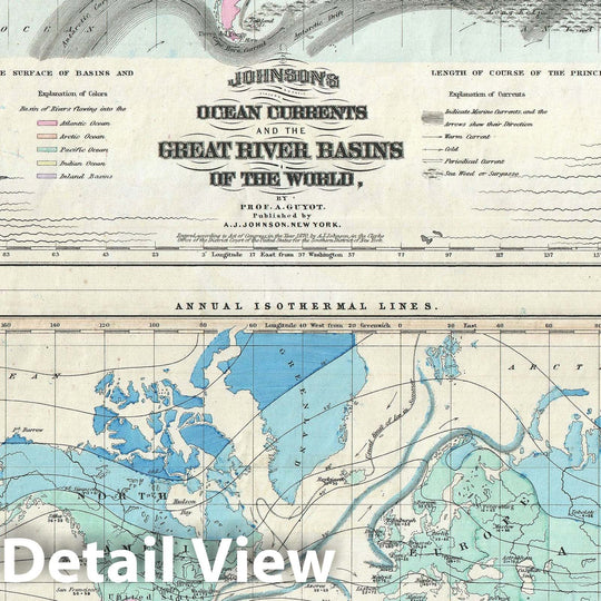 Historic Map : The World showing Temperature and Ocean Currents, Johnson, 1870, Vintage Wall Art