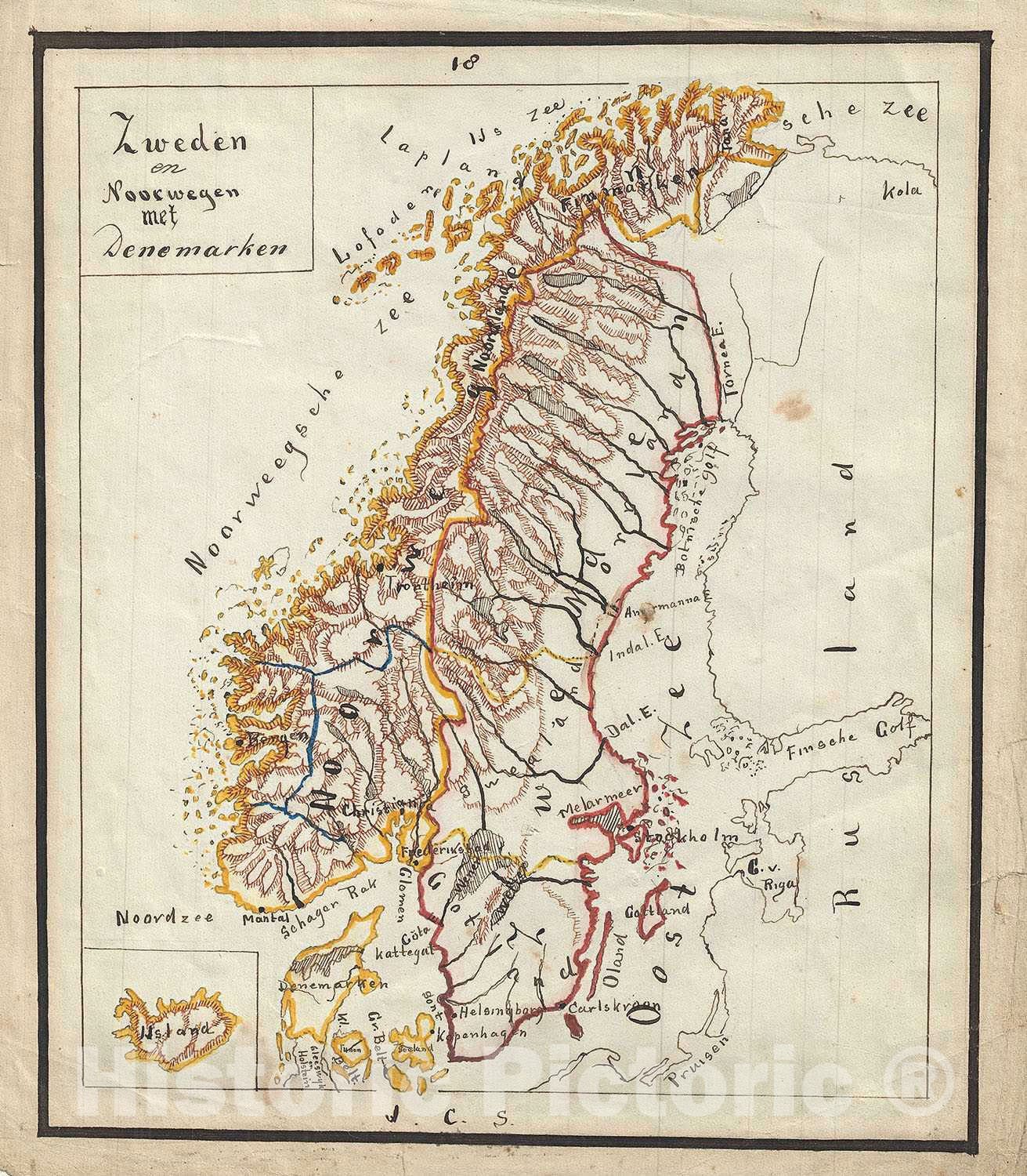 Historic Map : Scandinavia "Norway, Sweden, Denmark", Sikkel, 1871, Vintage Wall Art