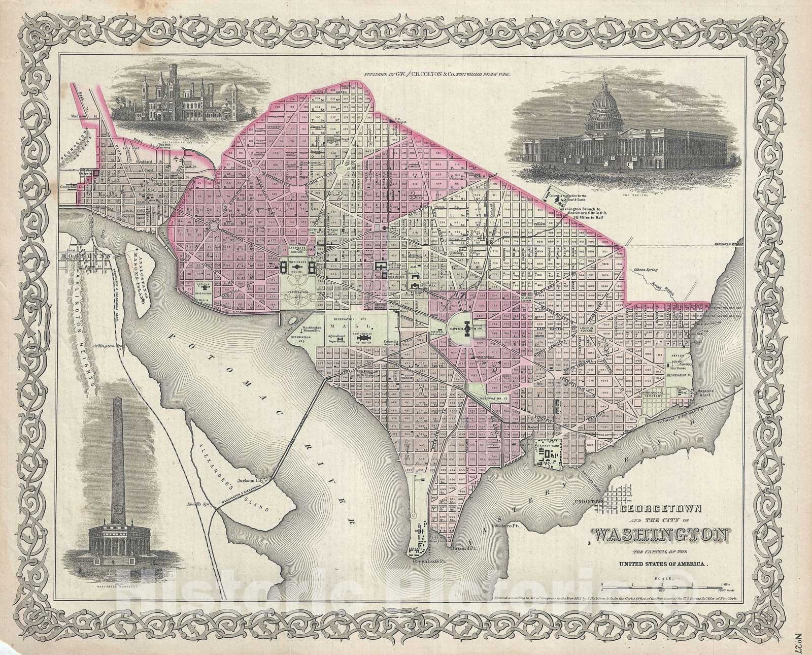 Historic Map : Plan of Washington D.C., Colton, 1856, Vintage Wall Art