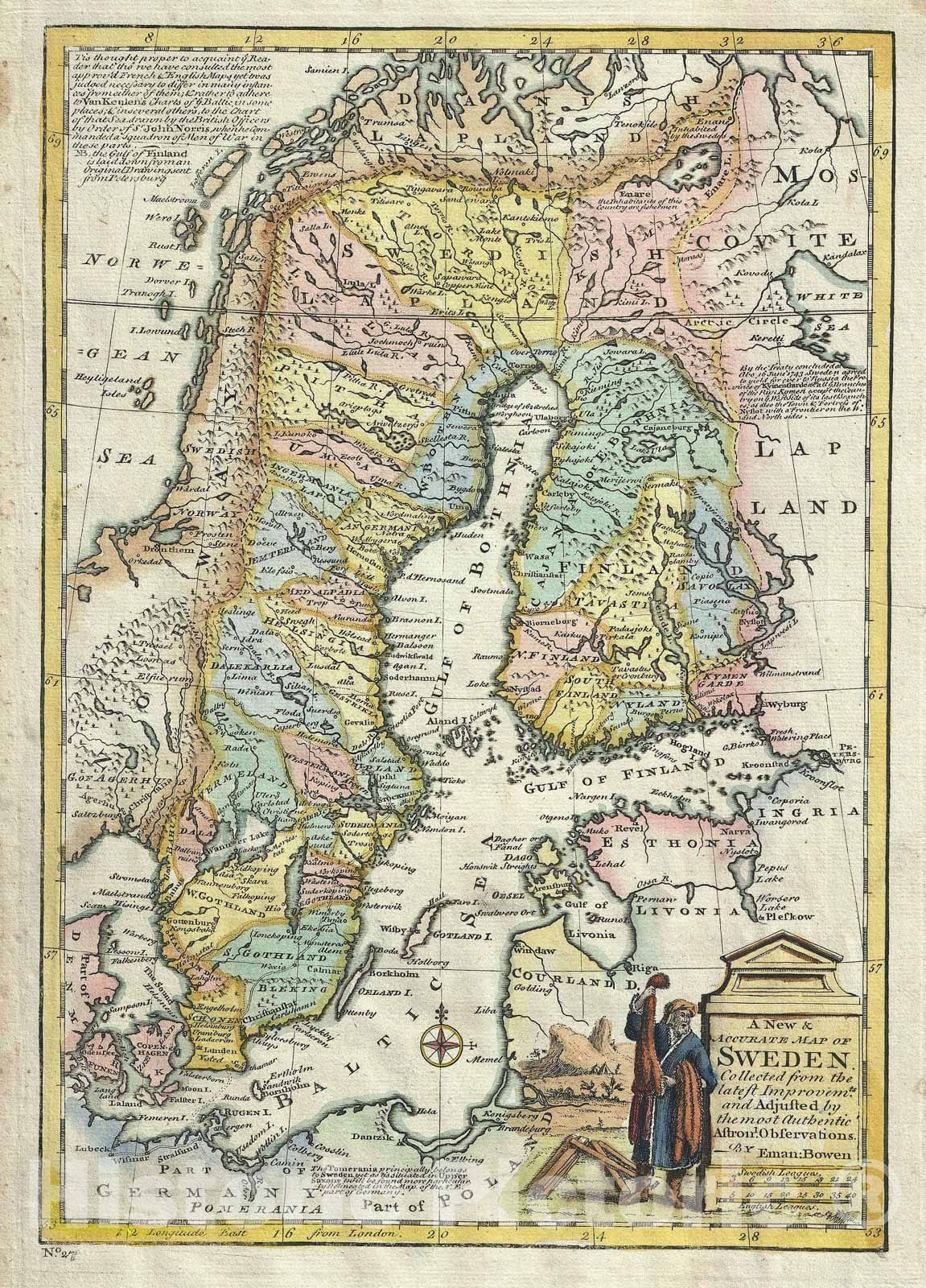 Historic Map : Sweden and Finland, Bowen, 1747, Vintage Wall Art