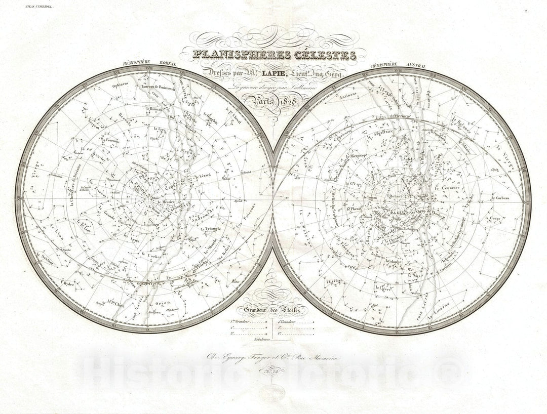 Historic Map : Stars and Constellations, Lapie Celestial, 1829, Vintage Wall Art