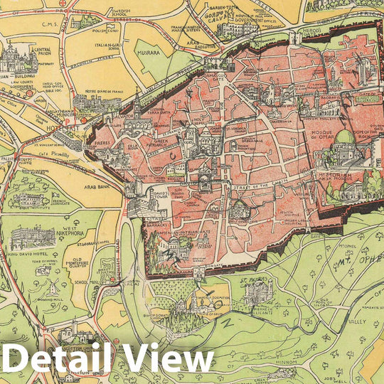 Historic Map : Gauer Pictorial Map of Jerusalem, Israel "w/ Manuscript Notations", 1935, Vintage Wall Art