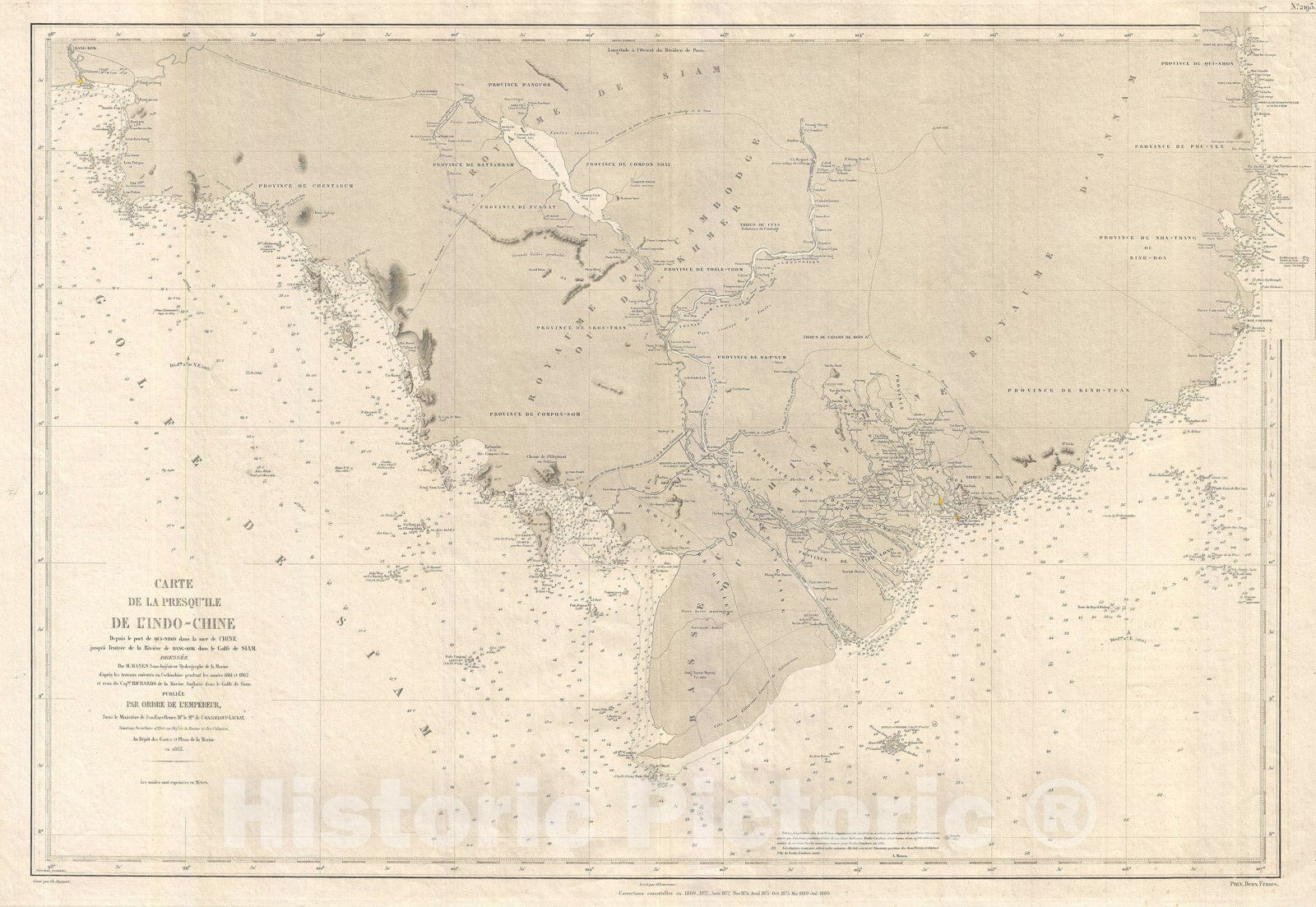 Historic Map : Cambodia - Bankgok to Saigon, Depot de la Marine, 1880, Vintage Wall Art