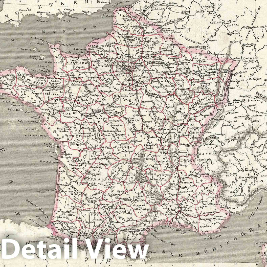 Historic Map : France, Levasseur, 1852, Vintage Wall Art