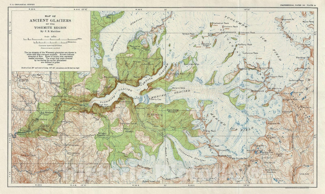 Historic Map : Yosemite National Park Glaciers, U.S.G.S., 1930, Vintage Wall Art