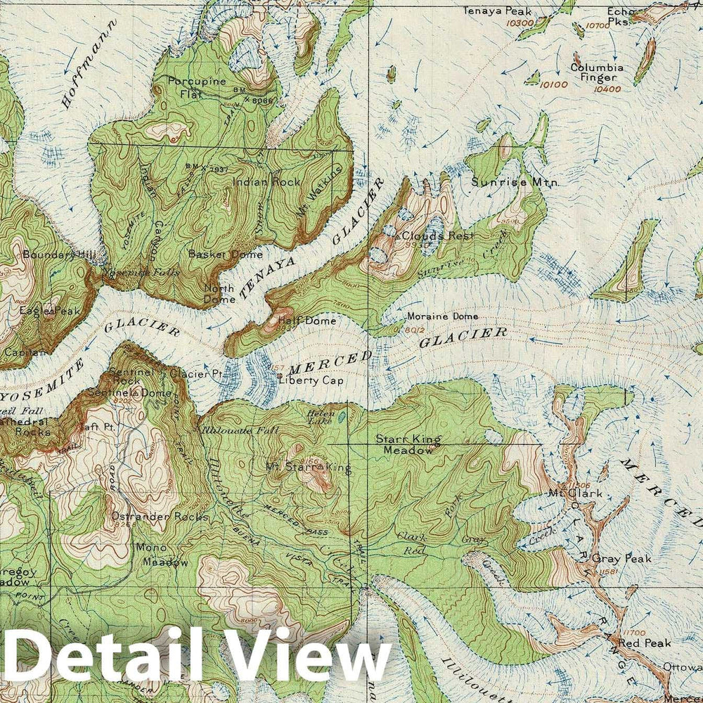 Historic Map : Yosemite National Park Glaciers, U.S.G.S., 1930, Vintage Wall Art