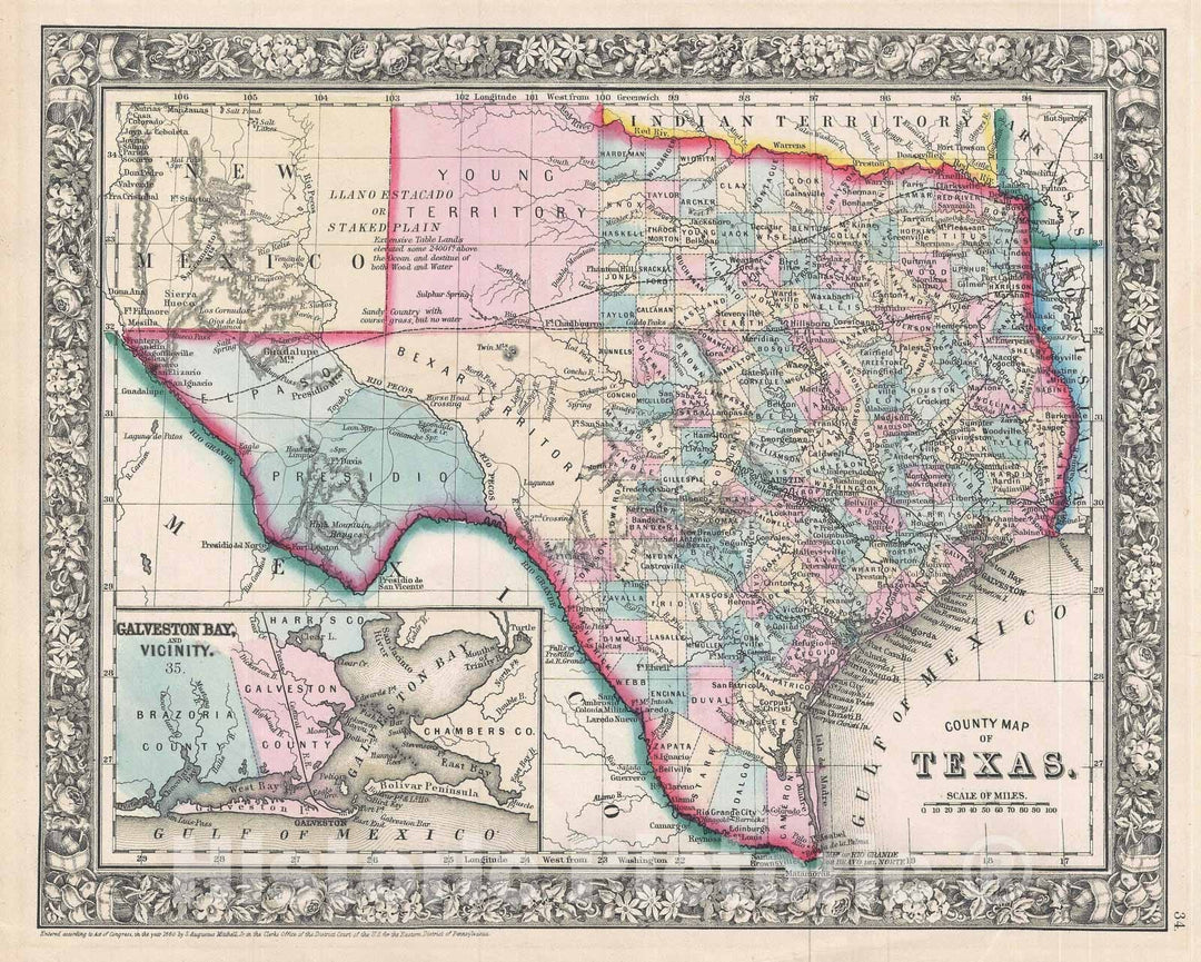 Historic Map : Texas, Mitchell, 1864, Vintage Wall Art