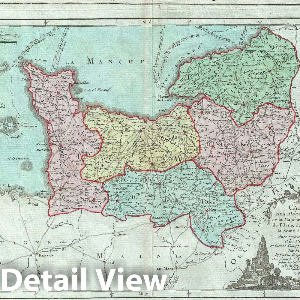 Historic Map : The Normandy Region in Northwest France, Desnos, 1786, Vintage Wall Art