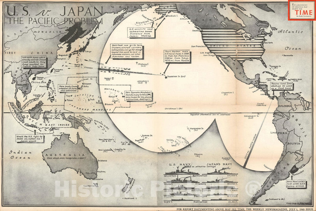 Historic Map : The Pacific and a Potential War Between The U.S. and Japan, Chapin, 1940, Vintage Wall Art