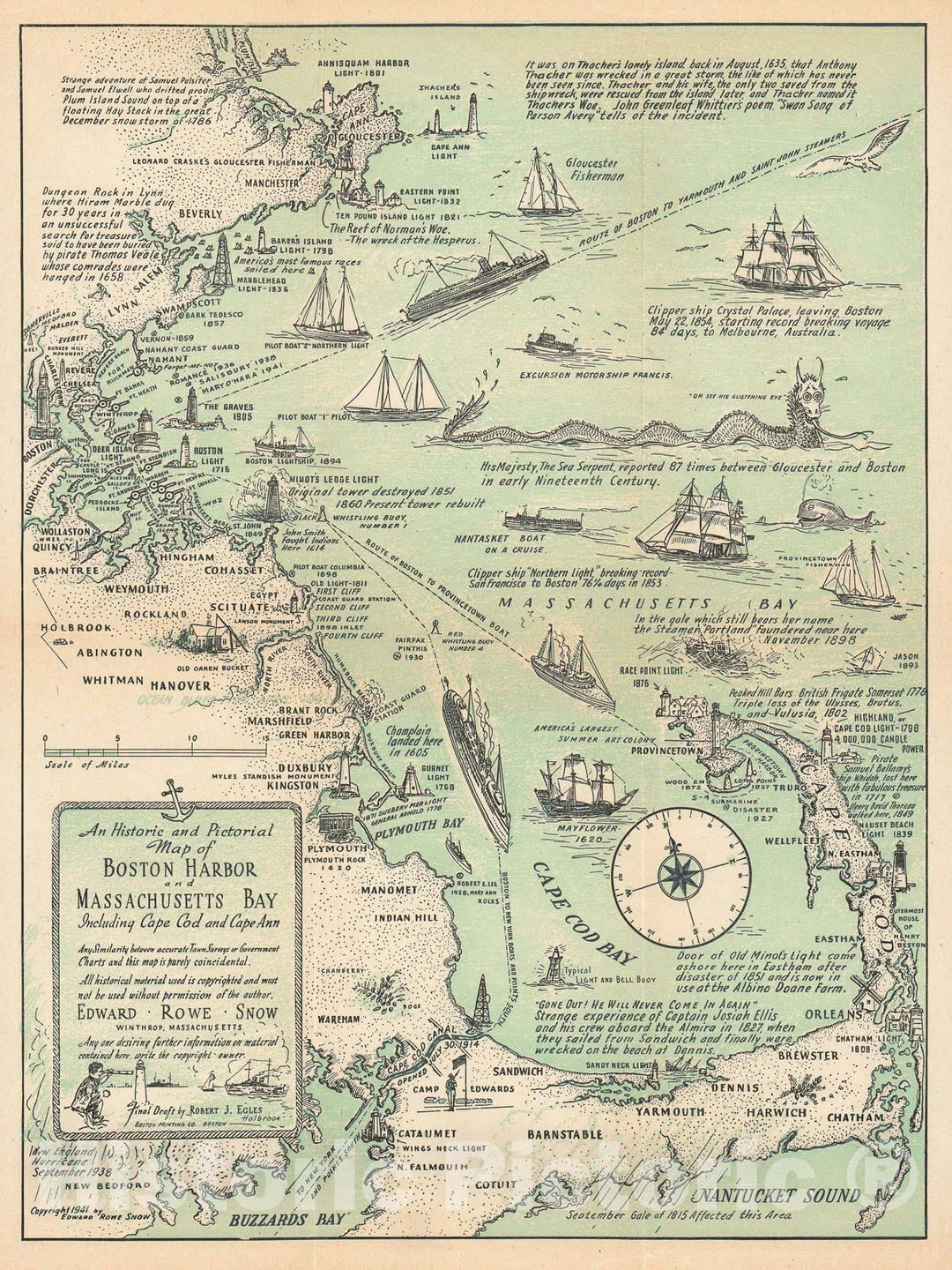 Historic Map : Snow Pictorial Map of Boston Harbor and Massachusetts Bay, 1941, Vintage Wall Art