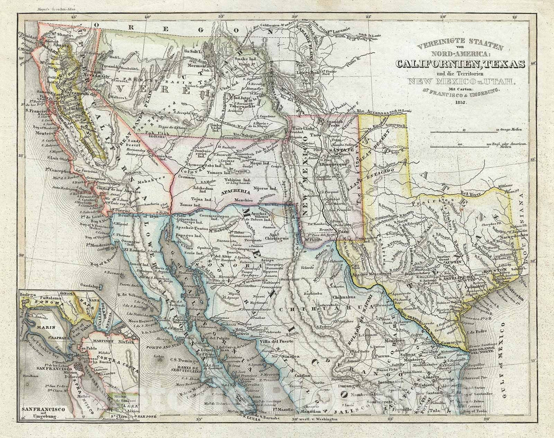 Historic Map : Texas and California w/California Gold Region and Texas at its Largest, Meyer, 1852, Vintage Wall Art