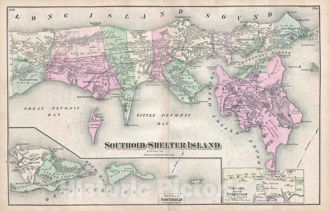 Historic Map : Southold and Shelter Island, Long Island, New York, Beers, 1873, Vintage Wall Art