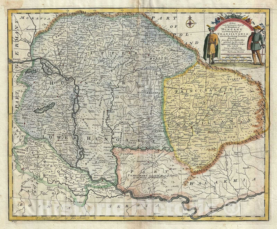 Historic Map : Hungary and Transylvania "Romania", Bowen, 1747, Vintage Wall Art