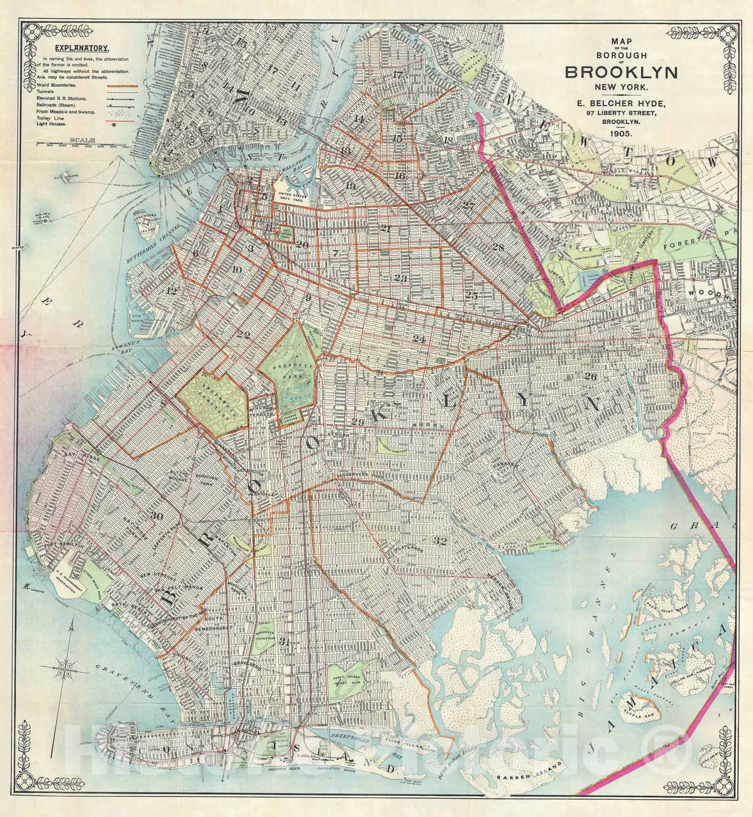 Historic Map : Plan of Brooklyn, New York, Hyde, 1905, Vintage Wall Art