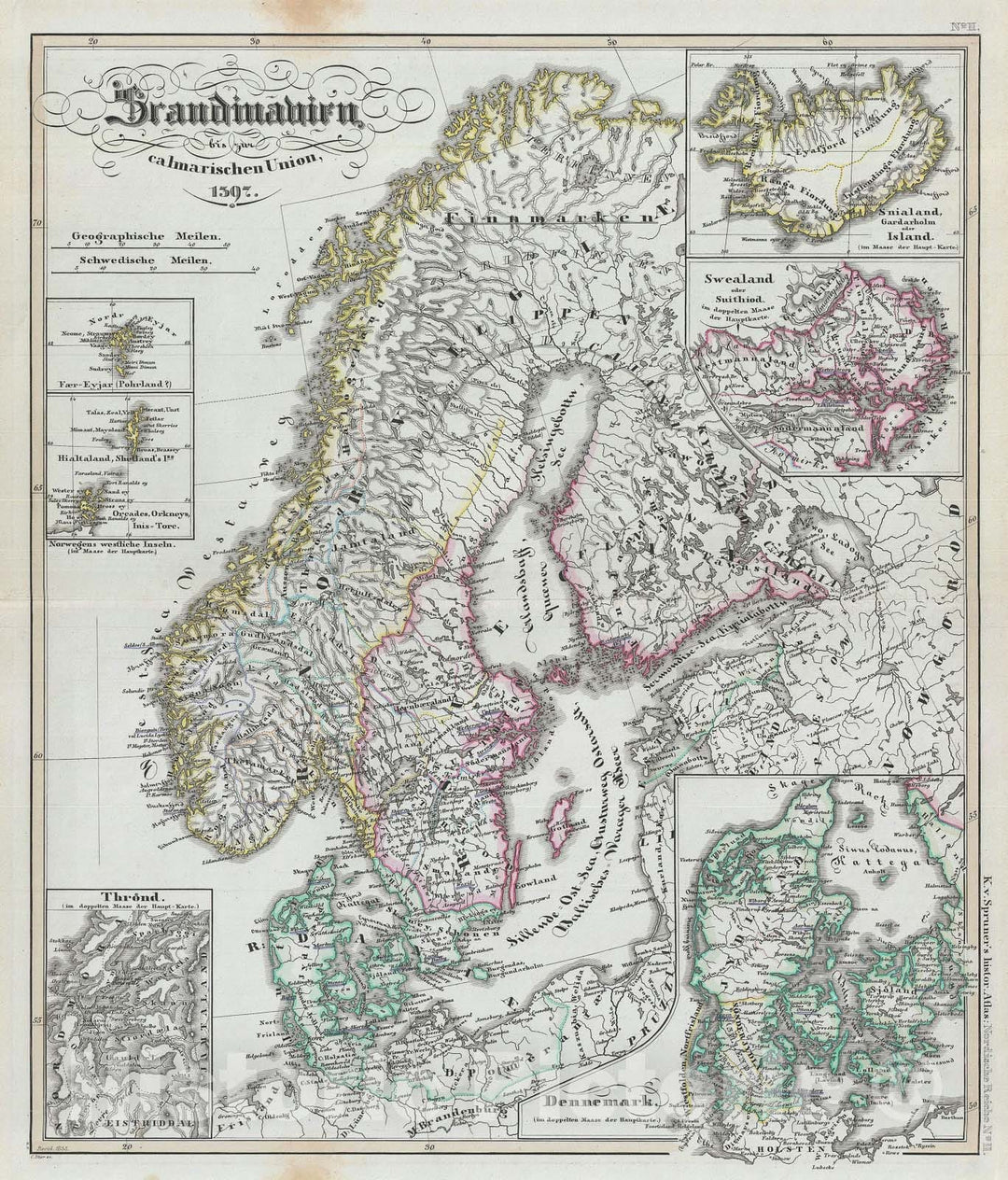 Historic Map : Scandinavia during The 1397 Kalmar Union, Spruner, 1855, Vintage Wall Art