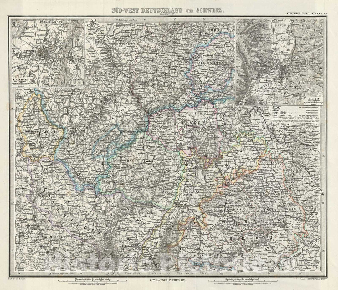 Historic Map : The Northern part of Southwest Germany, Stieler, 1873, Vintage Wall Art