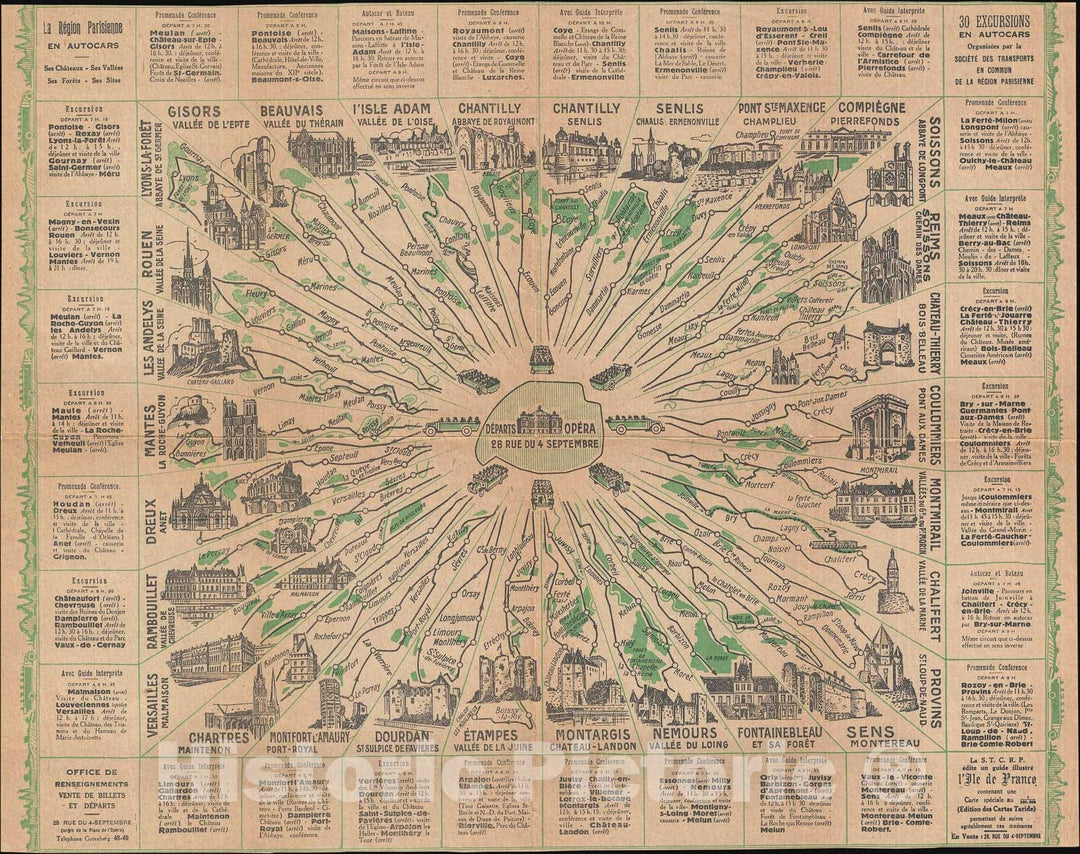 Historic Map : Organized Bus Trips Around The Paris Region, S.T.C.R.P., 1924, Vintage Wall Art