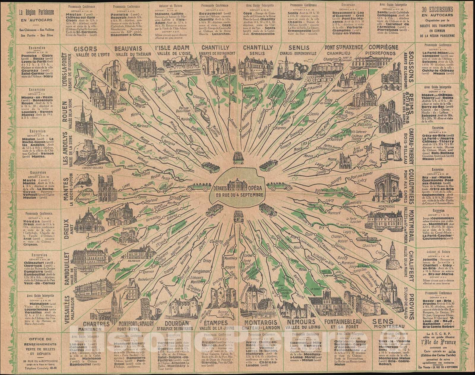 Historic Map : Organized Bus Trips Around The Paris Region, S.T.C.R.P., 1924, Vintage Wall Art