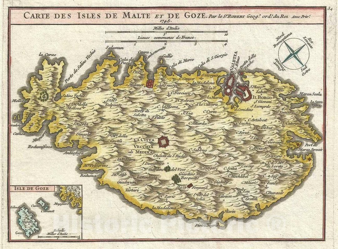 Historic Map : Malta and Gozo, Vaugondy, 1748, Vintage Wall Art