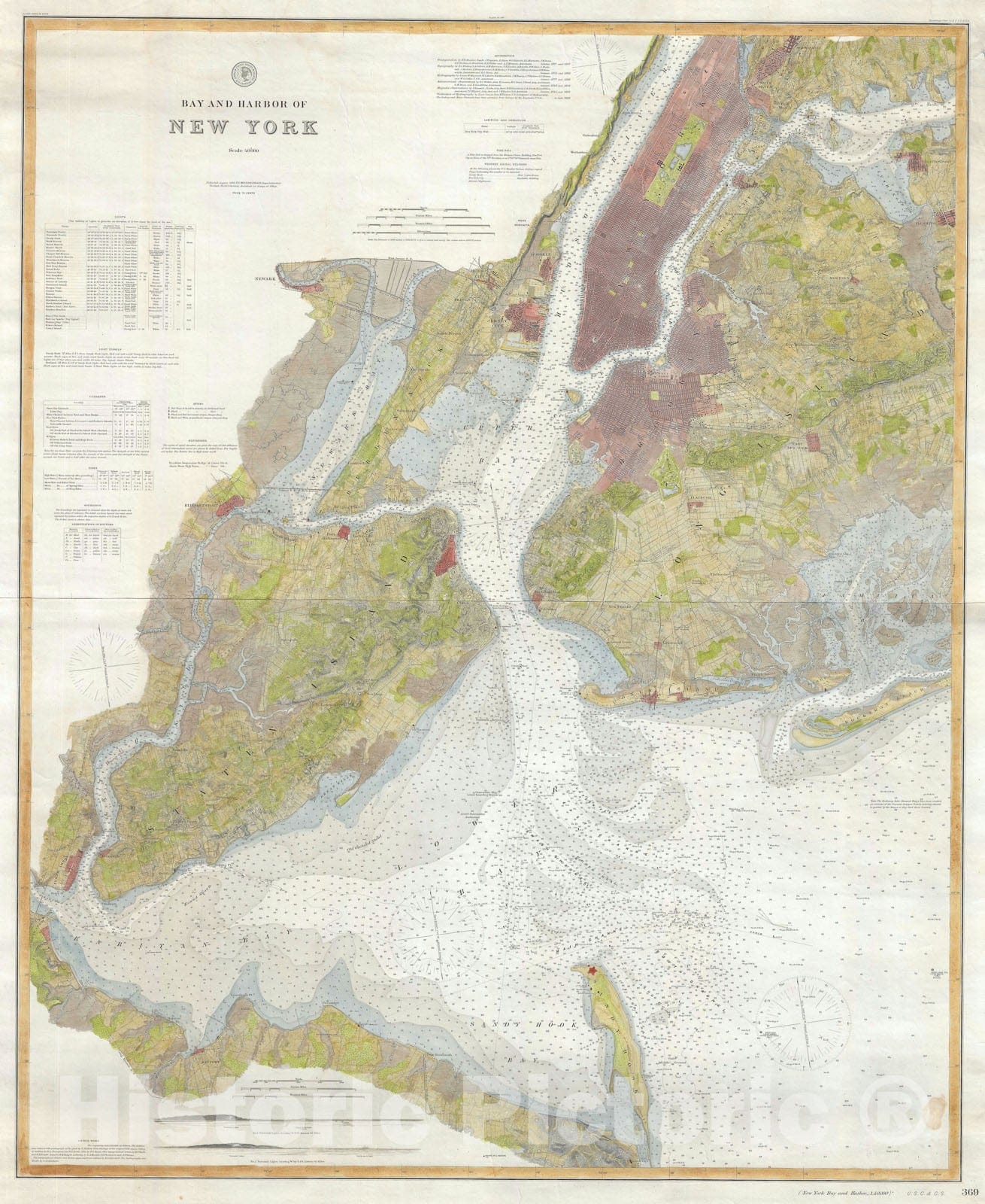 Historic Map : Wall Map Sized U.S. Coast Survey Map of New York City and Harbor, 1889, Vintage Wall Art