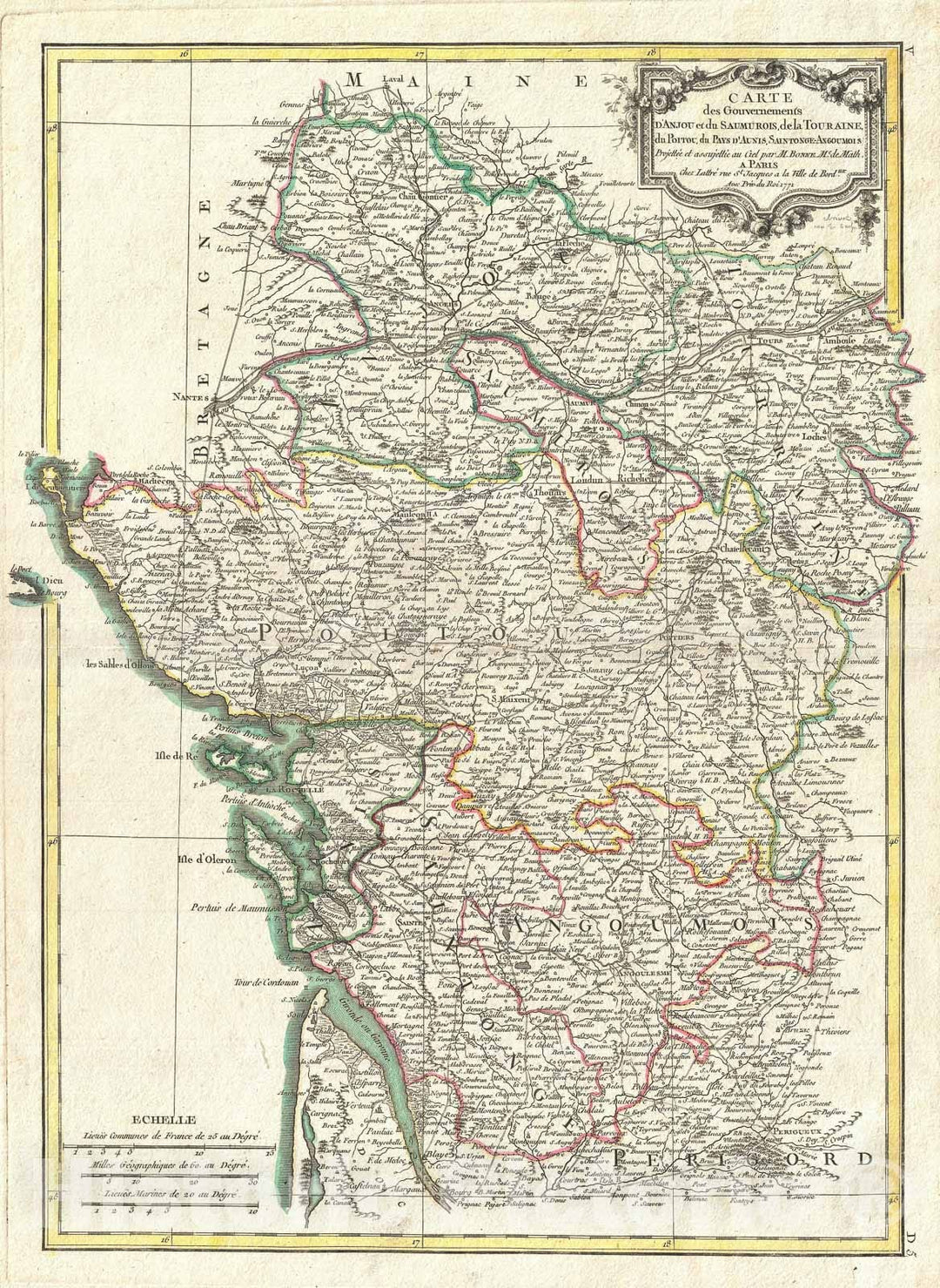 Historic Map : Poitou, Touraine and Anjou, France, Bonne, 1771, Vintage Wall Art