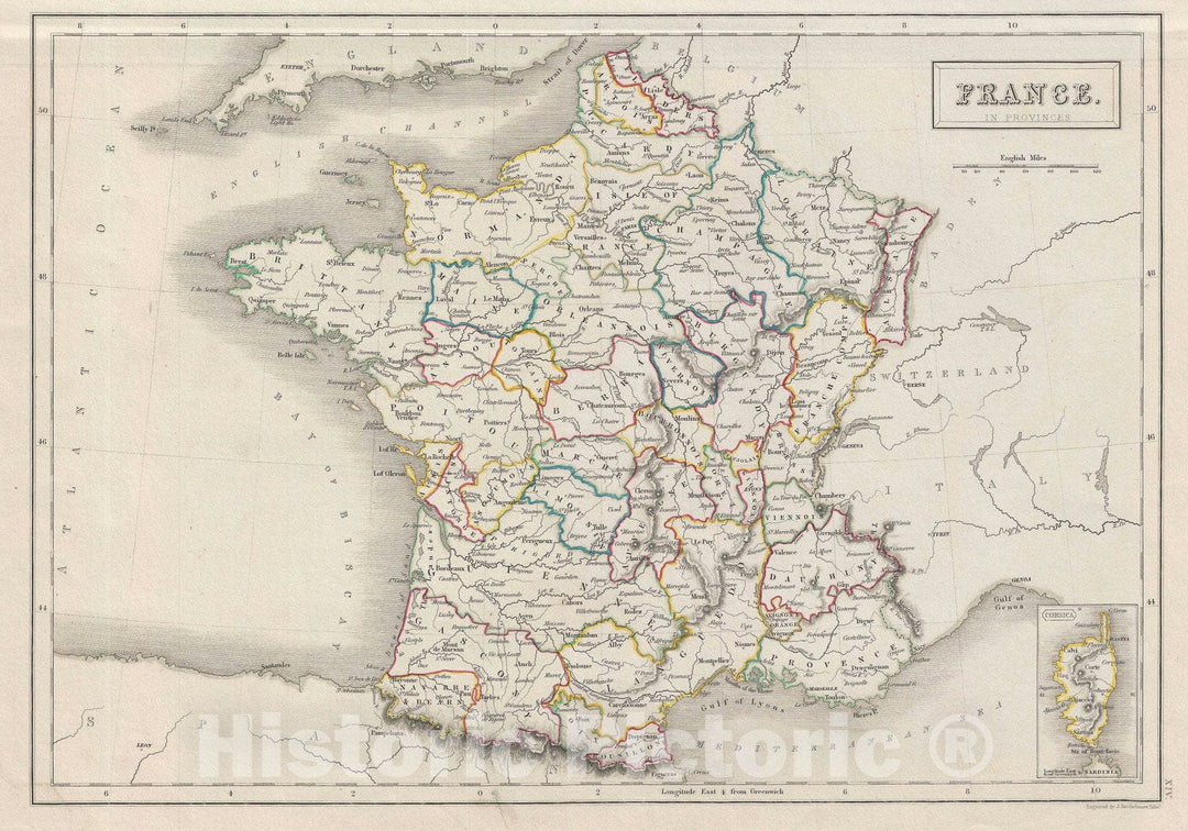 Historic Map : France in Provinces, Black, 1840, Vintage Wall Art