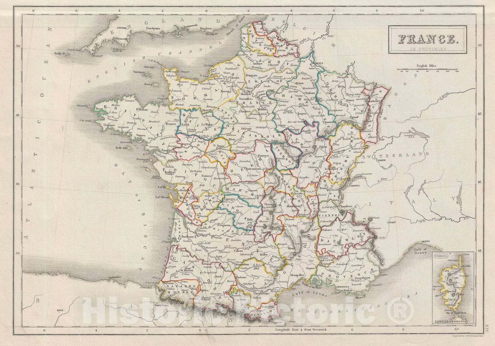 Historic Map : France in Provinces, Black, 1840, Vintage Wall Art