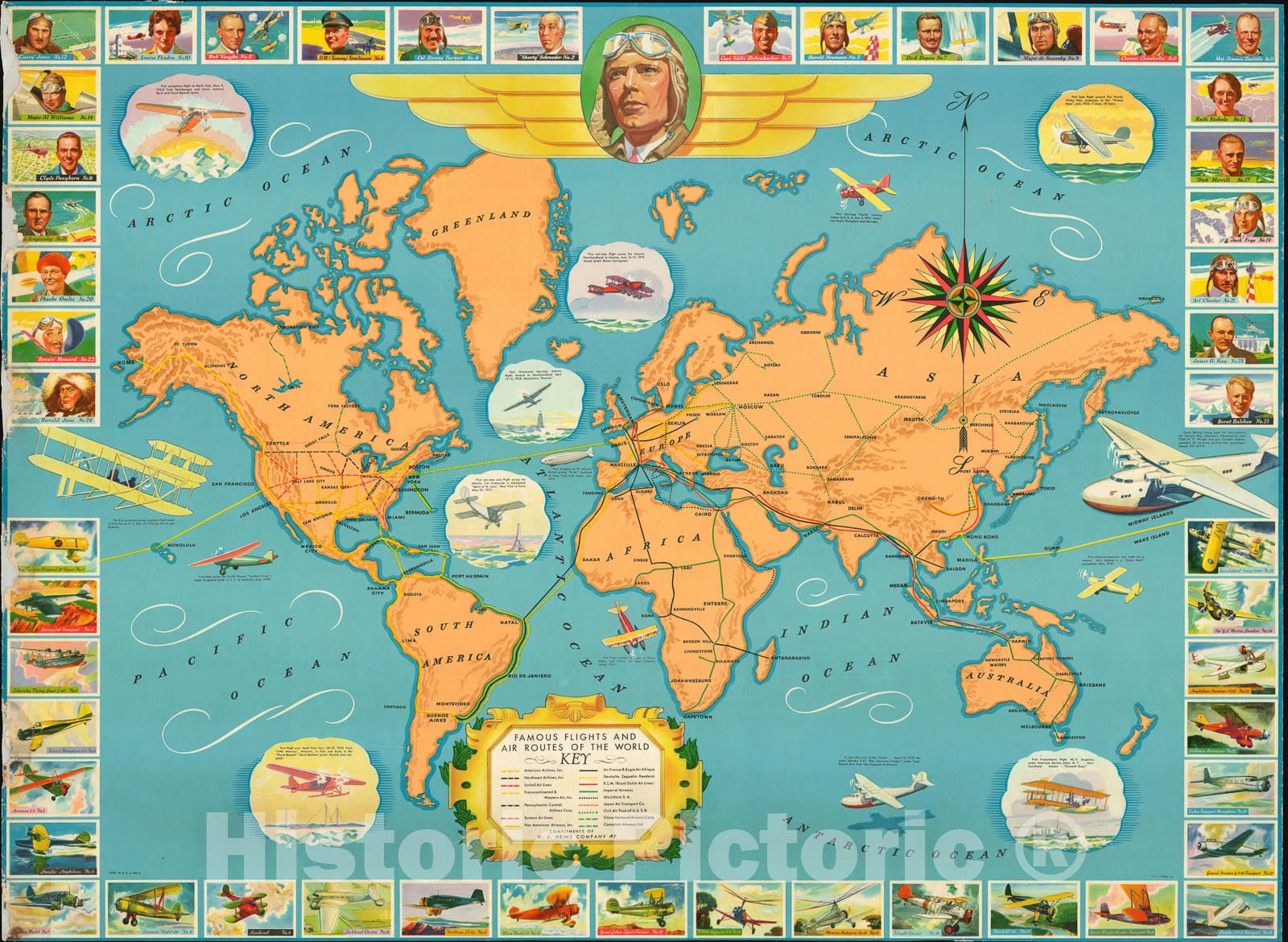 Historic Map : Heinz Pictorial Map of The World Tracing Famous Flights and Airlines, 1937, Vintage Wall Art