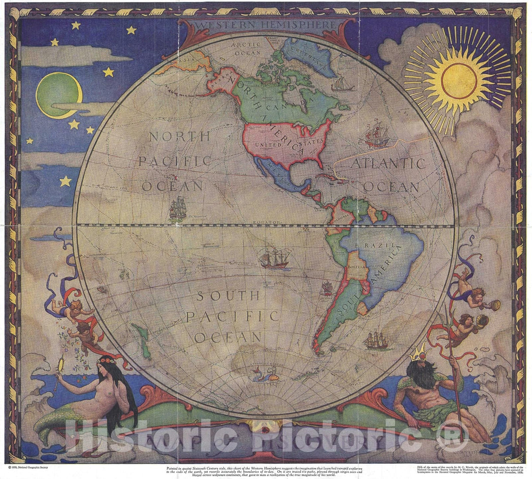 Historic Map : National Geographic Society and Wyeth Print of Western Hemisphere Mural, 1928, Vintage Wall Art