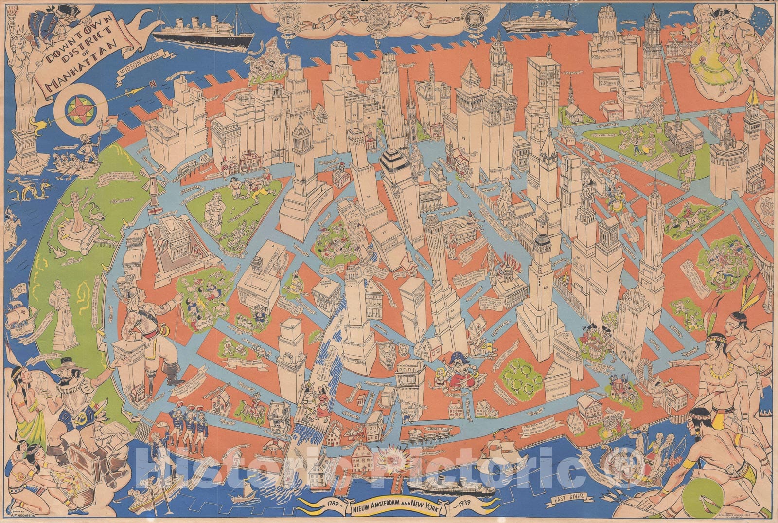 Historic Map : Zaidenberg Pictorial Map of Downtown Manhattan, New York City, 1938, Vintage Wall Art