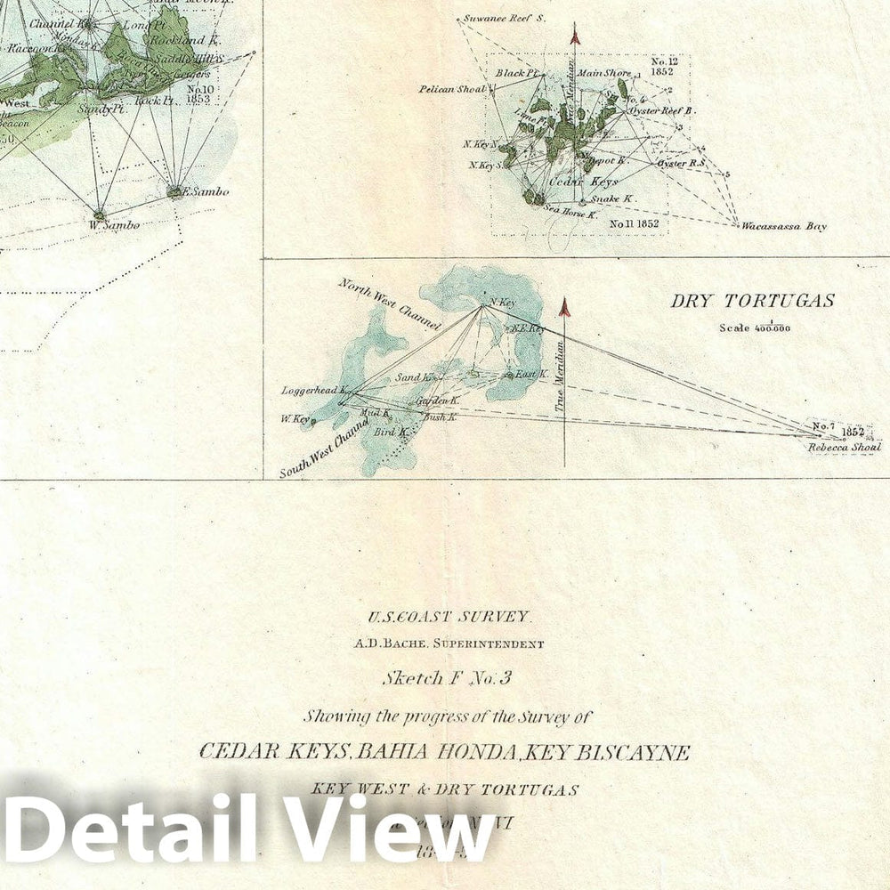 Historic Map : Key Biscayne Bay, Key West and The Cedar Keys, Florida, U.S. Coast Survey, 1853, Vintage Wall Art