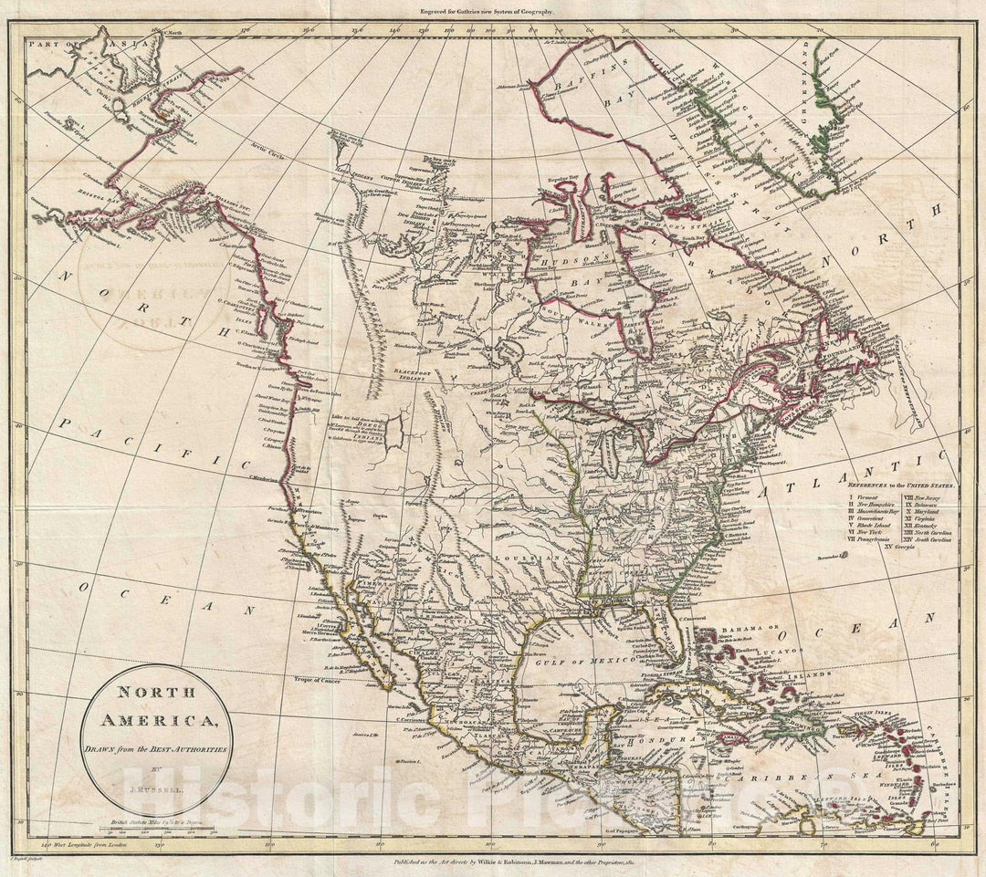 Historic Map : North America, Russell, 1811, Vintage Wall Art