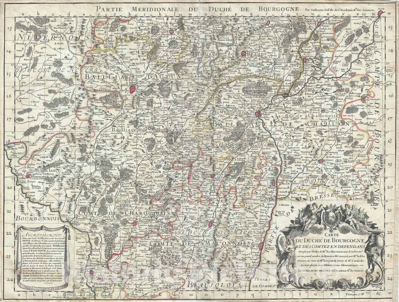 Historic Map : Southern Burgundy "Bourgogne", France "Burgundy Wine Region", Delisle, 1709, Vintage Wall Art