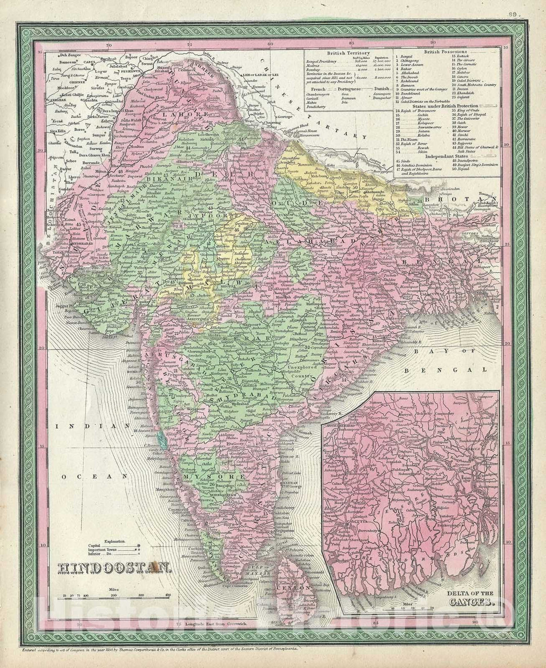 Historic Map : India, Mitchell, 1854, Vintage Wall Art