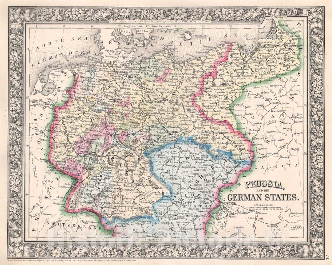 Historic Map : Prussia and Germany, Mitchell, 1864, Vintage Wall Art